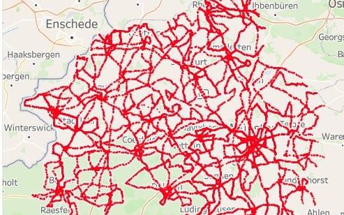 Eine Landkarte des Münsterlandes mit roten Linien für gefahrene Strecken
