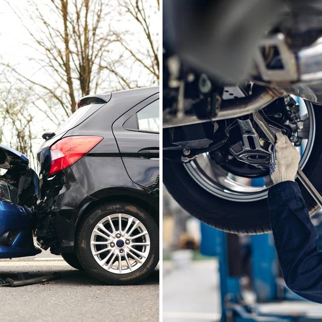 Ein Mann arbeitet an einem Auto in einer Werkstatt. Ein anderes Auto hat einen Unfall.