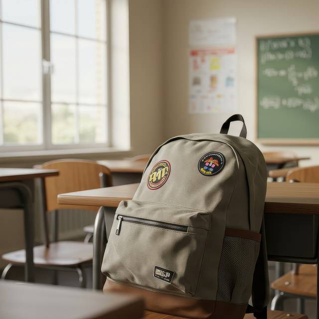 Ein Rucksack liegt auf dem Tisch in einem leeren Klassenzimmer.