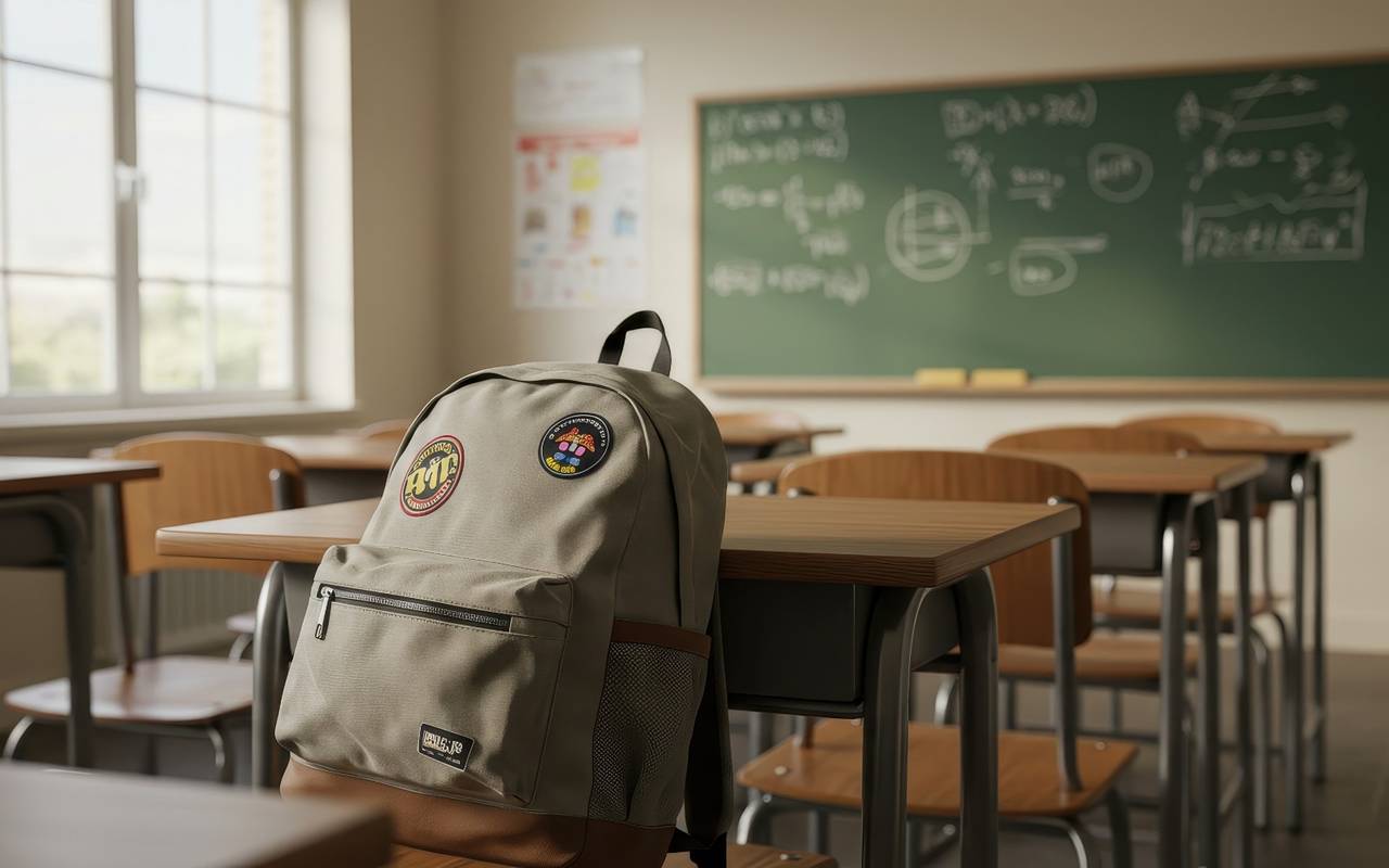 Ein Rucksack liegt auf dem Tisch in einem leeren Klassenzimmer.
