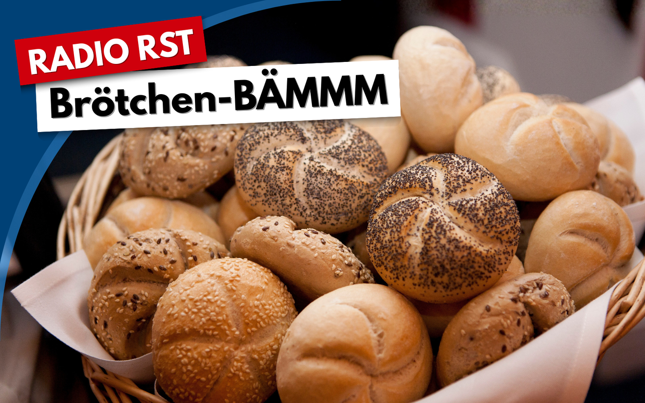 Ein Bild von einem Brötchen-Korb. Oben links in der Ecke steht der Name der Aktion: RADIO RST Brötchen-BÄMMM-