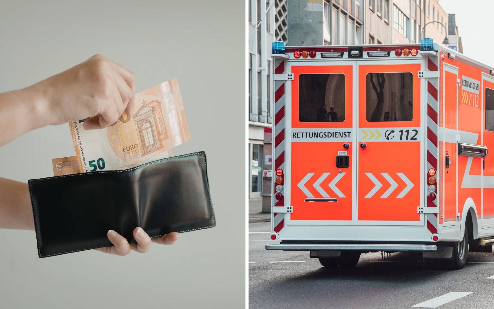 Ein Mann zieht Geld aus einem Portemmonaie und ein Rettungswagen fährt durch eine Stadt.