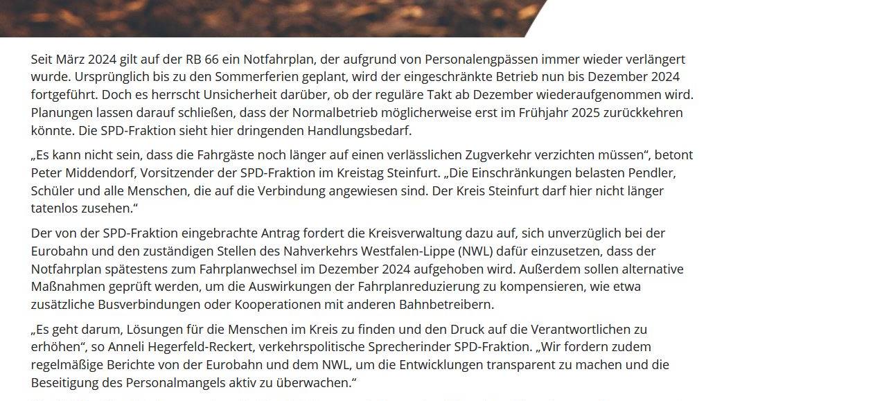 Thema der Woche aus der Region: SPD fordert schnelle Rückkehr zum Bahn-Regelfahrplan zwischen Münster und Osnabrück