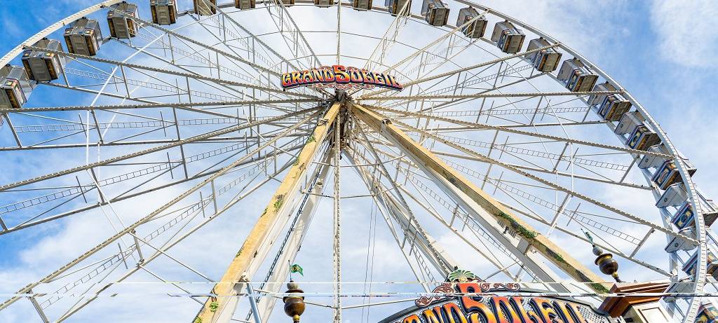 Ein Riesenrad aus der Froschperspektive vor leicht bewölktem, blauem Himmel