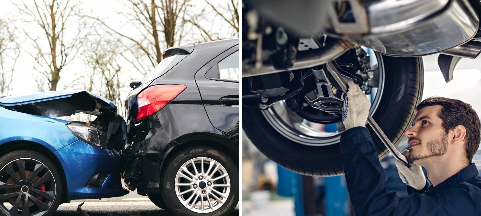Ein Mann arbeitet an einem Auto in einer Werkstatt. Ein anderes Auto hat einen Unfall.