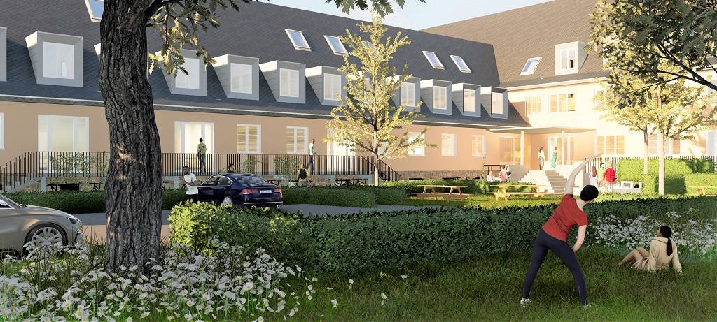 Visualisierung eines modernisierten ehemaligen Kasernengebäudes. Im Vordergrund Bäume, Hecken, Parkplätze und Aufenthaltsflächen mit Sitzbänken. Männer und Frauen in verschiedenen Freizeitsituationen (Joggen, Gymnastik, aussteigen aus dem Auto) beleben das Bild.