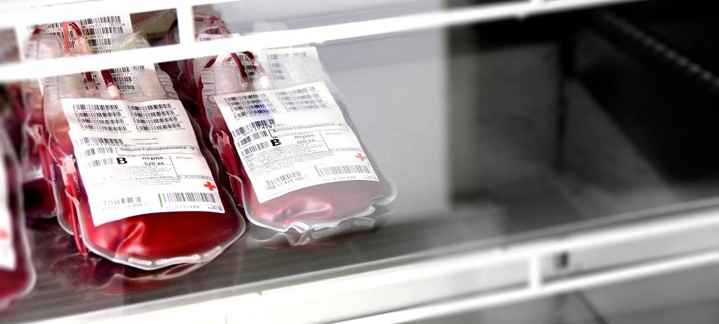 Ein Regal mit zwei Blutkonserven und viel Platz in leeren Fächern.