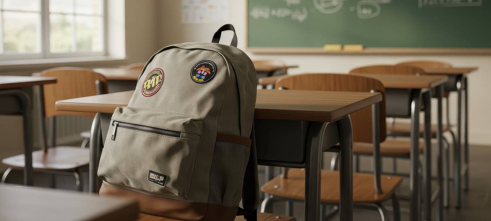 Ein Rucksack liegt auf dem Tisch in einem leeren Klassenzimmer.