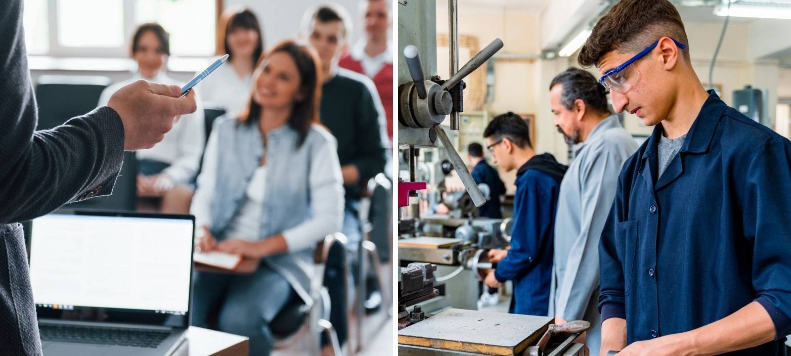 Schülerinnen und Schüler sitzen in einer Klasse. Auf der anderen Seite steht ein junger Mann vor einer Maschine in einem Handwerks-Betrieb.