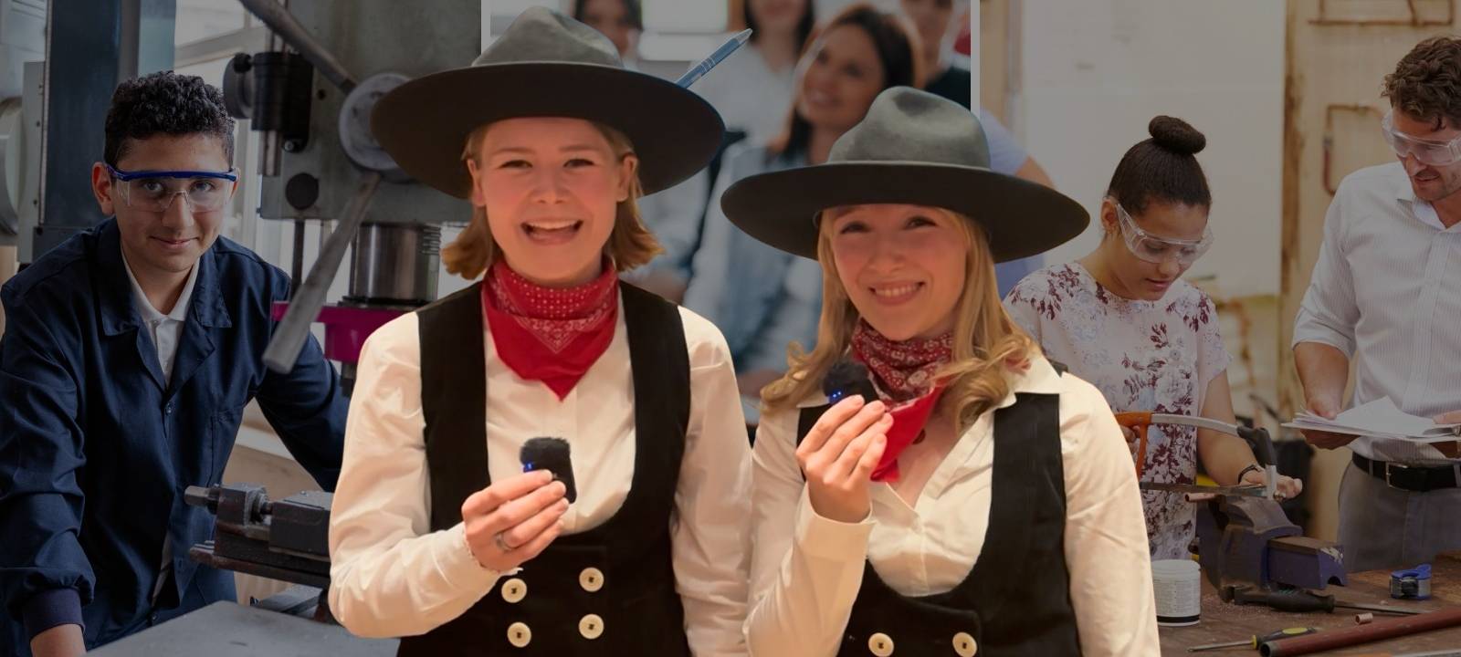 Zwei neue Gesellinnen aus dem Kreis Steinfurt stehen vor einer Collage verschiedener Ausbildungsberufe.