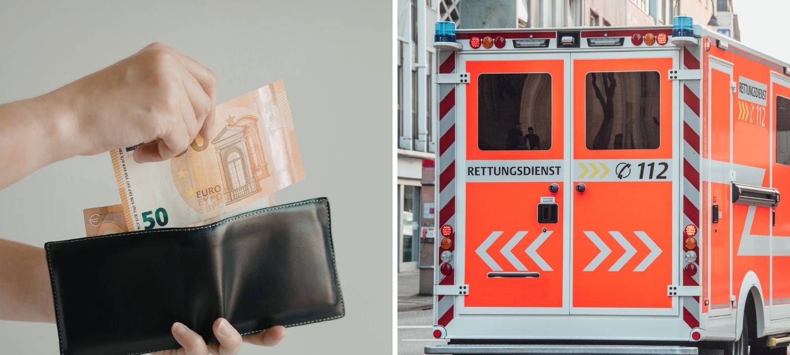 Ein Mann zieht Geld aus einem Portemmonaie und ein Rettungswagen fährt durch eine Stadt.