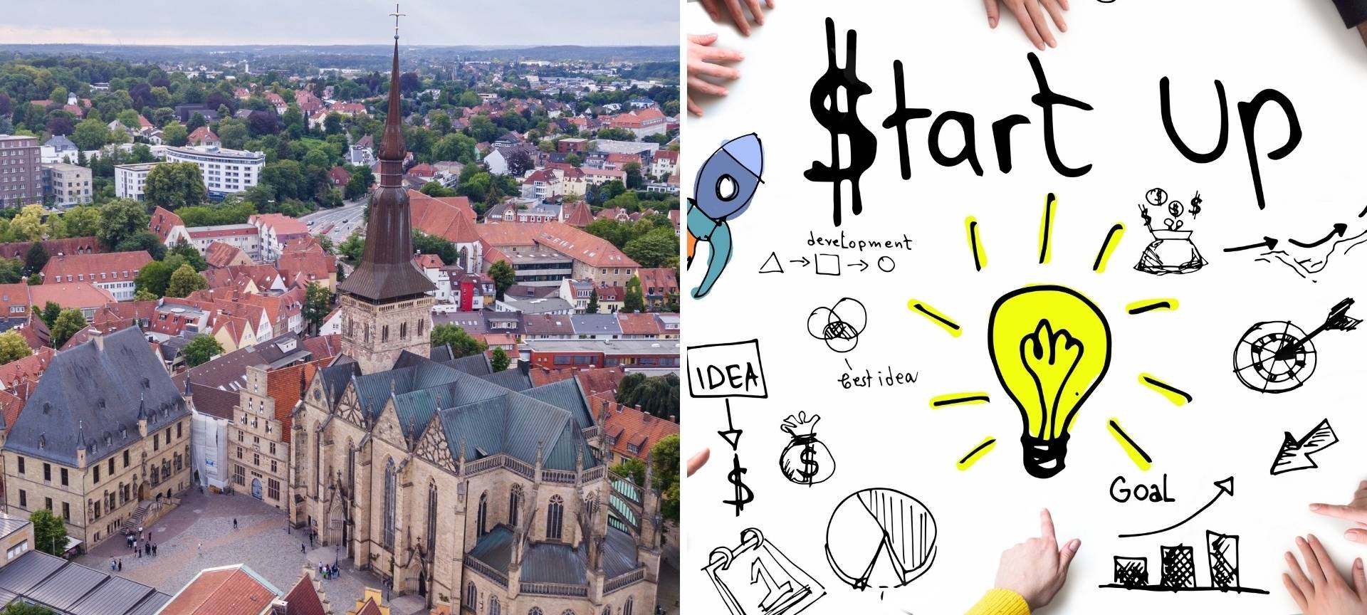 Eine Luftaufnahme von Osnabrück und ein Plakat auf dem Start-up steht.
