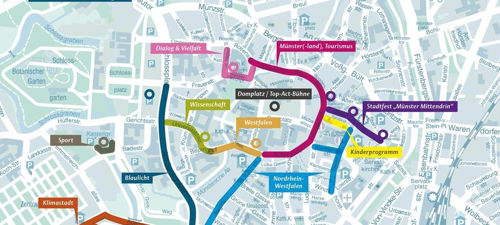 Stadtplan mit Fokus auf Münsters Innenstadt. Bunte beschriftete Markierungen zeigen Themenmeilen und Bühnenstandorte.